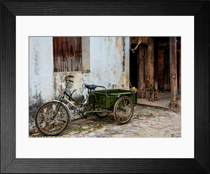 Framed Print : Tricycle outside an old house in Changle Village, dating back to the Song Dynasty, Lanxi County, Jinhua City, Zhejiang Province, China Framed Print : Tricycle outside an old house in Changle Village, dating back to the Song Dynasty, Lanxi County, Jinhua City, Zhejiang Province, China