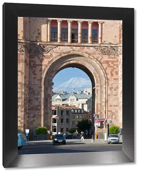 Armenian architecture with view through arch of Mount Ararat in the distance