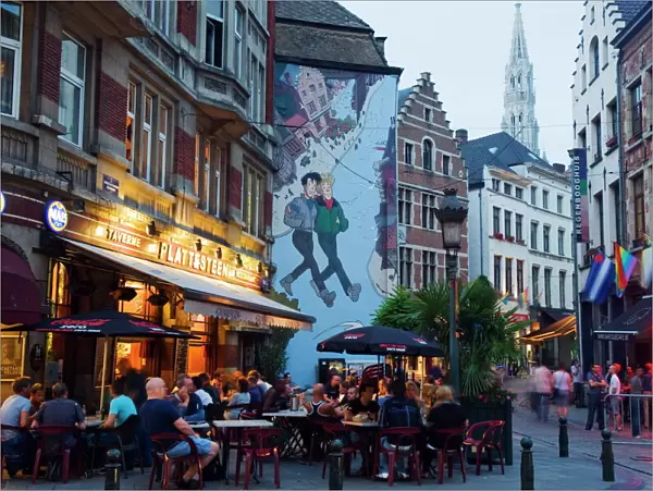 Outdoor cafes and Brousaille wall mural of a couple walking arm in arm