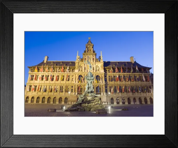 Framed Print : Baroque Brabo fountain, built in 1887, by Jef Lambeaux, Stadhuis (city hall) illuminated at night Framed Print : Baroque Brabo fountain, built in 1887, by Jef Lambeaux, Stadhuis (city hall) illuminated at night