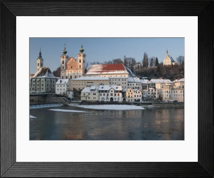 Framed Print : Baroque Michaelerkirche church dating from 1635 and buildings at confluence of Steyr Framed Print : Baroque Michaelerkirche church dating from 1635 and buildings at confluence of Steyr