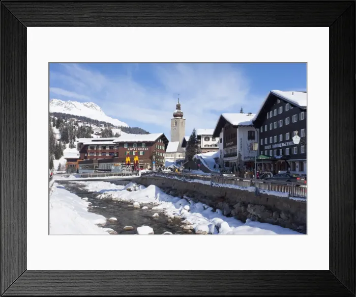 Framed Print : Hotel Krone, river and village church, Lech near St. Anton am Arlberg in winter snow Framed Print : Hotel Krone, river and village church, Lech near St. Anton am Arlberg in winter snow