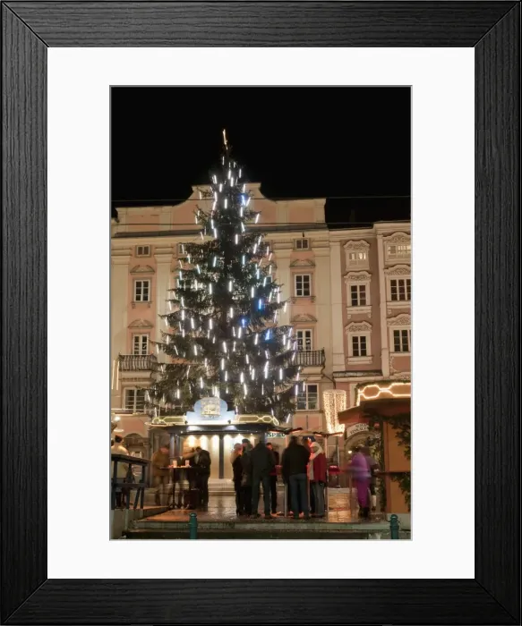 Framed Print : Christmas tree, Baroque building and stalls at Christmas Market, Hauptplatz Framed Print : Christmas tree, Baroque building and stalls at Christmas Market, Hauptplatz