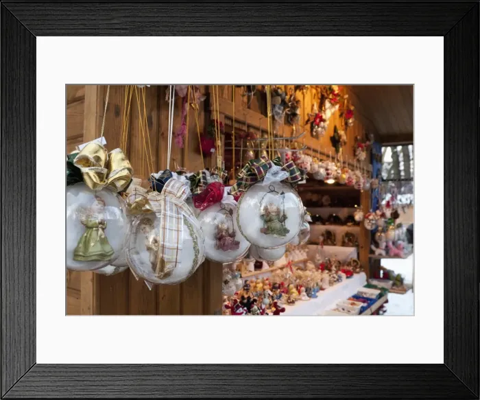 Framed Print : Christmas decorations of angels in glass balls at stall, Christmas Market at Schlosspark Framed Print : Christmas decorations of angels in glass balls at stall, Christmas Market at Schlosspark