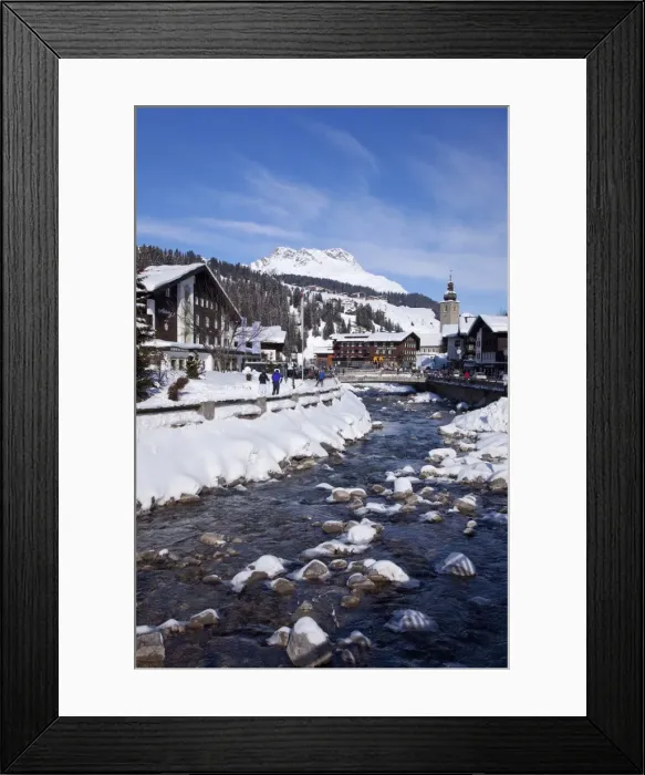 Framed Print : River and village church Lech, near St. Anton am Arlberg in winter snow Framed Print : River and village church Lech, near St. Anton am Arlberg in winter snow