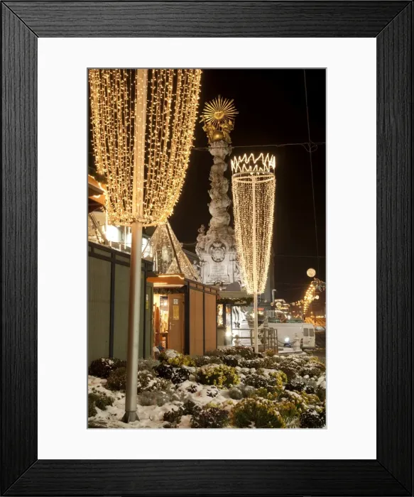 Framed Print : Snow-covered flowers, Christmas decorations and Baroque Trinity Column Framed Print : Snow-covered flowers, Christmas decorations and Baroque Trinity Column
