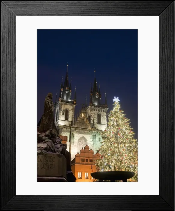 Framed Print : Christmas tree, Gothic Tyn church and statue of Jan Hus at night, Old Town Square Framed Print : Christmas tree, Gothic Tyn church and statue of Jan Hus at night, Old Town Square