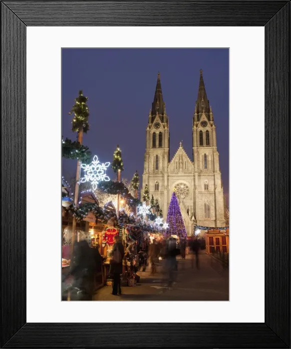 Framed Print : Stalls of the Christmas Market, Christmas tree and Neo-Gothic St. Ludmilla Church Framed Print : Stalls of the Christmas Market, Christmas tree and Neo-Gothic St. Ludmilla Church
