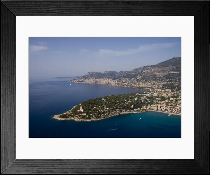 Framed Print : View from helicopter of Roquebrune, Cap Martin and Monte Carlo in the background Framed Print : View from helicopter of Roquebrune, Cap Martin and Monte Carlo in the background