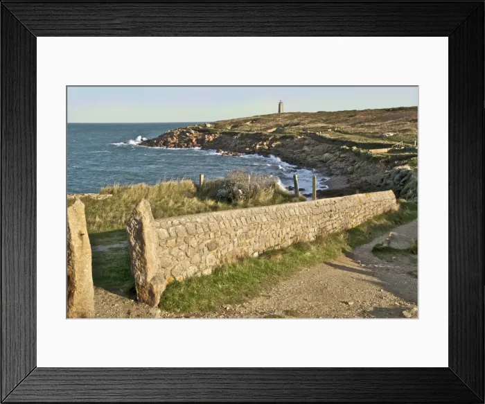 Framed Print : Landscape with typical stone wall with cross country walk and lighthouse at Cap Levi Framed Print : Landscape with typical stone wall with cross country walk and lighthouse at Cap Levi