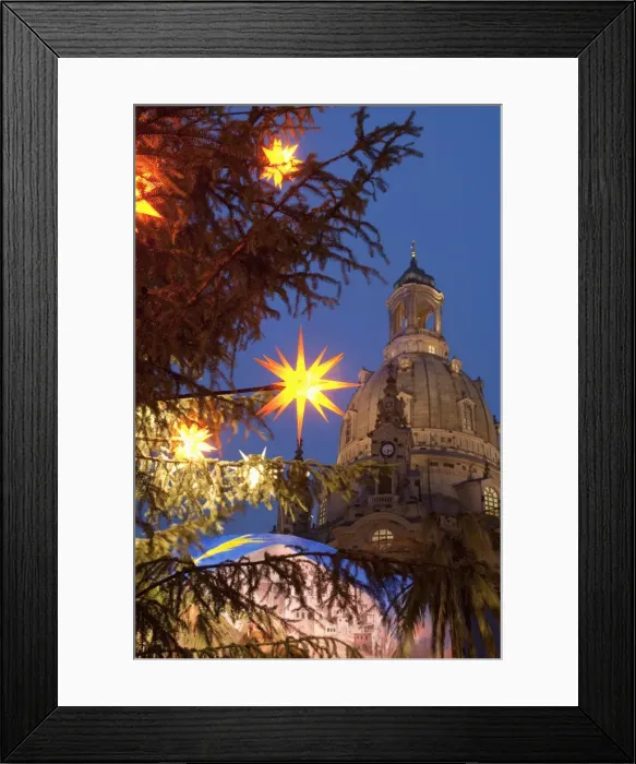 Framed Print : Christmas tree star decoration and Frauen Church at Christmas Market at twilight Framed Print : Christmas tree star decoration and Frauen Church at Christmas Market at twilight