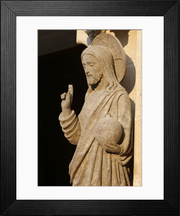 Framed Print : Western gate sculpture of the risen Christ holding the world, Saint-Corentin Cathedral