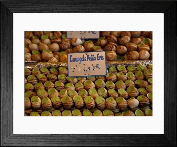 Framed Print : Escargot (edible land snails) for sale at local market in Paris, France, Europe Framed Print : Escargot (edible land snails) for sale at local market in Paris, France, Europe