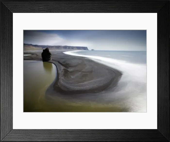 Framed Print : View from Dyrholaey towards the volcanic sand beach and rock stacks at Reynisdrangar Framed Print : View from Dyrholaey towards the volcanic sand beach and rock stacks at Reynisdrangar