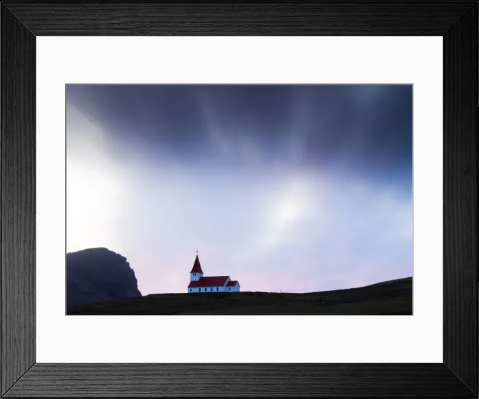 Framed Print : Hilltop church against twilight sky, Vik i Myrdal, southern area, Iceland, Polar Regions Framed Print : Hilltop church against twilight sky, Vik i Myrdal, southern area, Iceland, Polar Regions