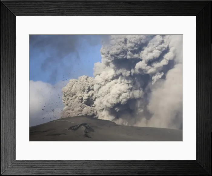 Framed Print : Eyjafjallajokull eruption showing billowing ash plume and rocks exploding into the sky of southern Iceland, Iceland