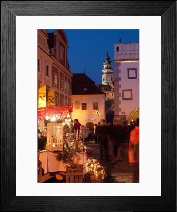 Framed Print : Stalls at Christmas Market with Renaissance Tower, Svornosti Square, Cesky Krumlov