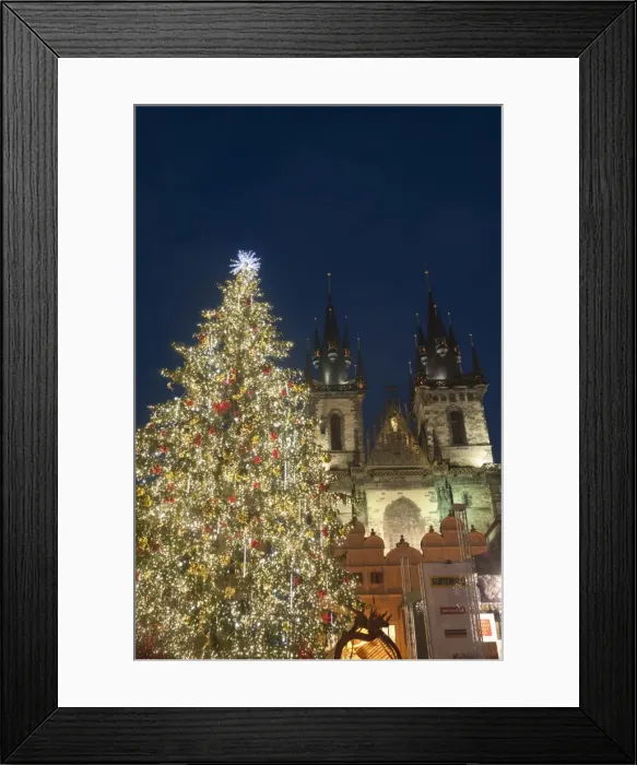 Framed Print : Gothic Tyn Church, Christmas tree at twilight in Old Town Square, Stare Mesto Framed Print : Gothic Tyn Church, Christmas tree at twilight in Old Town Square, Stare Mesto