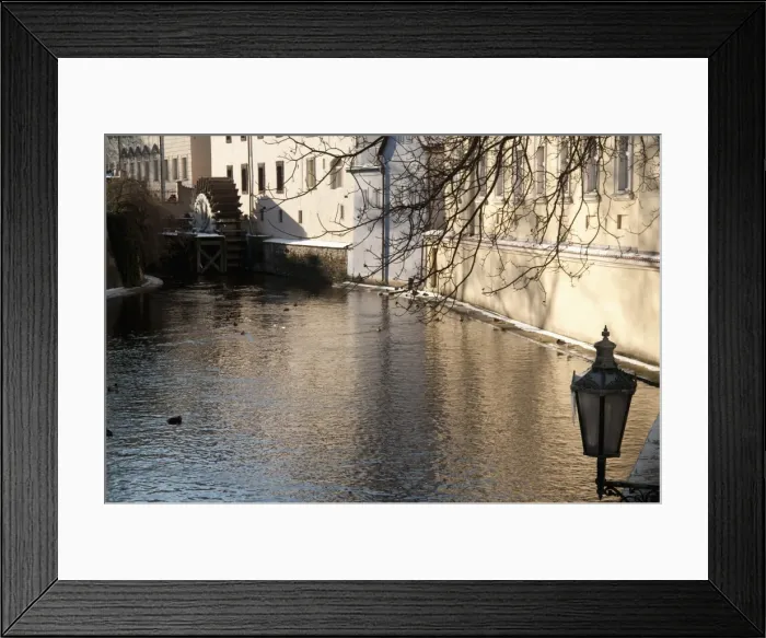 Framed Print : Street lamp with icicles and mill wheel at Certovka Canal, Mala Strana Framed Print : Street lamp with icicles and mill wheel at Certovka Canal, Mala Strana