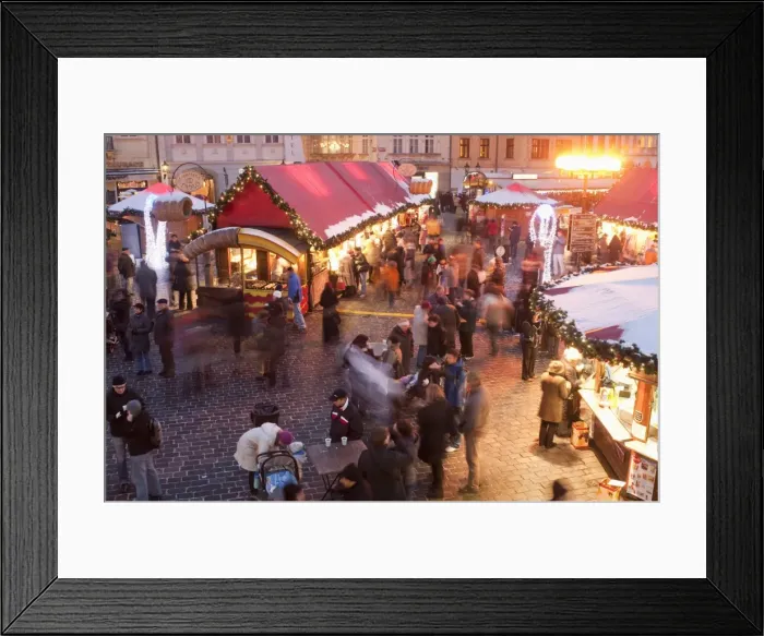 Framed Print : Stalls and people at Christmas Market at dusk, Old Town Square, Stare Mesto, Prague, Czech Republic