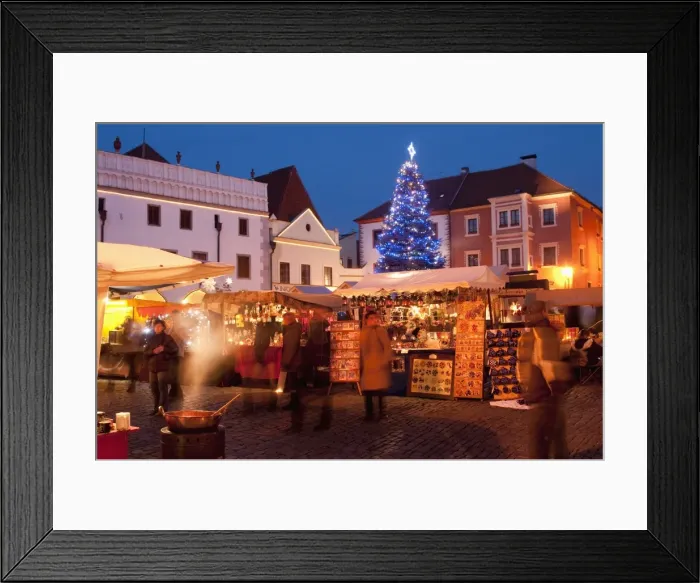 Framed Print : Christmas Market stalls and Christmas tree at twilight, Svornosti Square Framed Print : Christmas Market stalls and Christmas tree at twilight, Svornosti Square