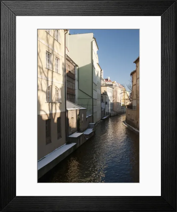 Framed Print : Snow-covered section of Certovka Canal known as Pragues Venice, Mala Strana Framed Print : Snow-covered section of Certovka Canal known as Pragues Venice, Mala Strana