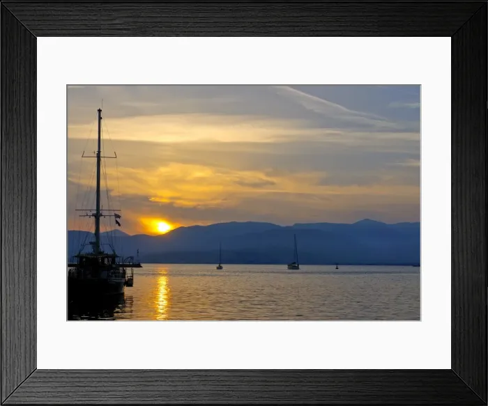Framed Print : Sailing boat at sunset in the harbor of Nafplio, Peloponnese, Greece, Europe Framed Print : Sailing boat at sunset in the harbor of Nafplio, Peloponnese, Greece, Europe