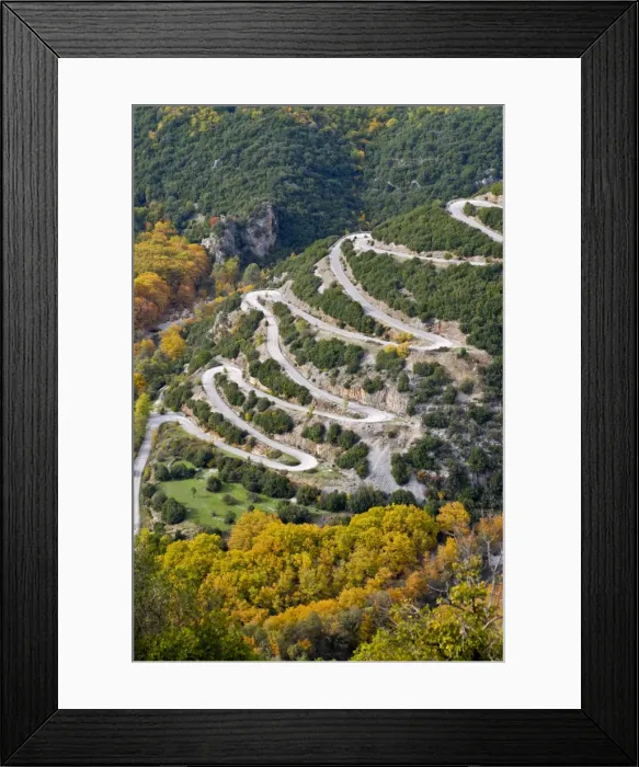 Framed Print : Serpentine road in the Zagorohroia mountains, Greece, Europe Framed Print : Serpentine road in the Zagorohroia mountains, Greece, Europe