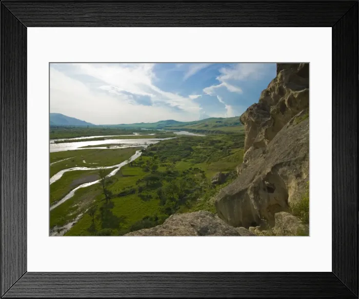 Framed Print : View over the Mtkvari River together with the Cave city of Uplistsikhe