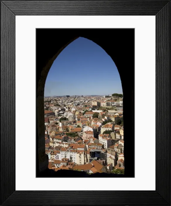 Framed Print : An arched window at the Castelo Sao Jorge (Castle of St. George) provides a view of Lisbon Framed Print : An arched window at the Castelo Sao Jorge (Castle of St. George) provides a view of Lisbon