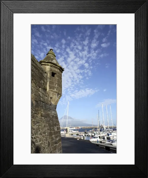 Framed Print : Muralhas de Sao Sebastiao (walls of St. Sebastian), fortress constructed to defend the bay of Porto Paim, and the marina, Horta, island of Faial, with Pico mountain on the island of Pico in the distance, Azores, Portugal Framed Print : Muralhas de Sao Sebastiao (walls of St. Sebastian), fortress constructed to defend the bay of Porto Paim, and the marina, Horta, island of Faial, with Pico mountain on the island of Pico in the distance, Azores, Portugal