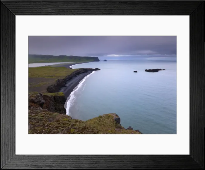 Framed Print : Reynisfjara black sand beach and Reynisdrangar sea stacks in the distance