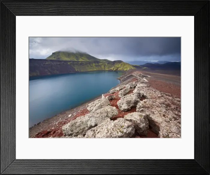 Framed Print : Blahylur crater lake in the Landmannalaugar area, Tjorvafell, 843 m in the distance Framed Print : Blahylur crater lake in the Landmannalaugar area, Tjorvafell, 843 m in the distance
