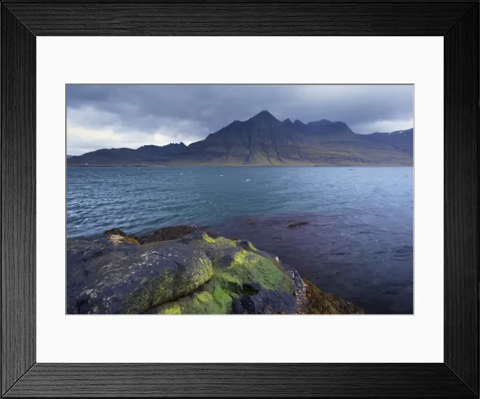 Framed Print : Mount Bulanstindur distinctive conical shape from the shores of Berufjordur fjord Framed Print : Mount Bulanstindur distinctive conical shape from the shores of Berufjordur fjord