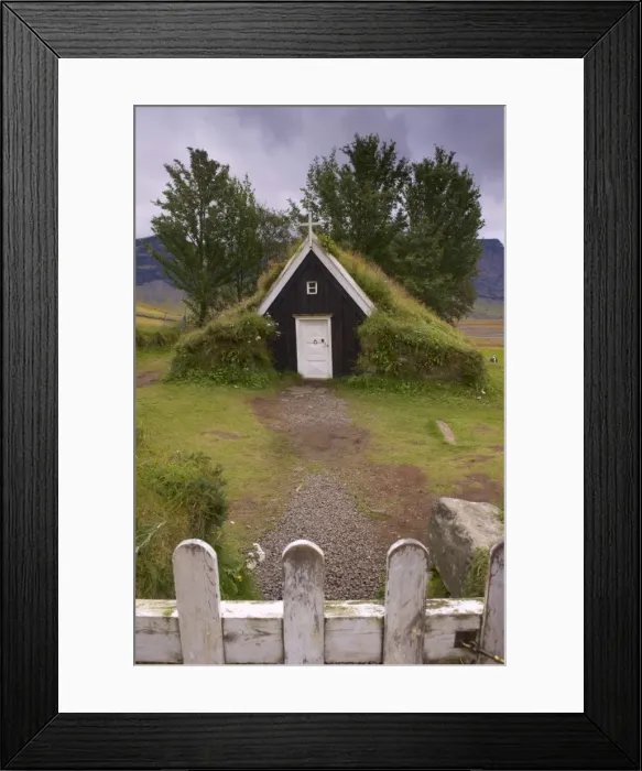 Framed Print : Small church at Nupsstadur, under Lomagnupur cliffs, dating from the 17th-century Framed Print : Small church at Nupsstadur, under Lomagnupur cliffs, dating from the 17th-century