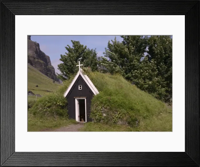 Framed Print : Small church at Nupsstadur, under Lomagnupur cliffs, dating from the 17th-century Framed Print : Small church at Nupsstadur, under Lomagnupur cliffs, dating from the 17th-century