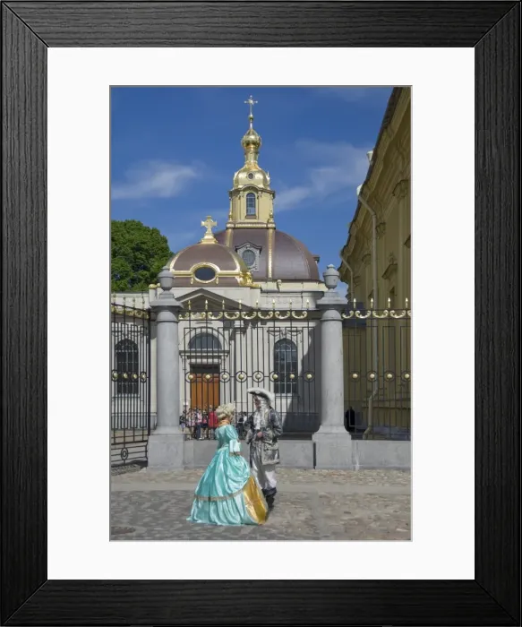 Framed Print : Two people in period dress by the Cathedral, Peter and Paul Fortress, St Framed Print : Two people in period dress by the Cathedral, Peter and Paul Fortress, St