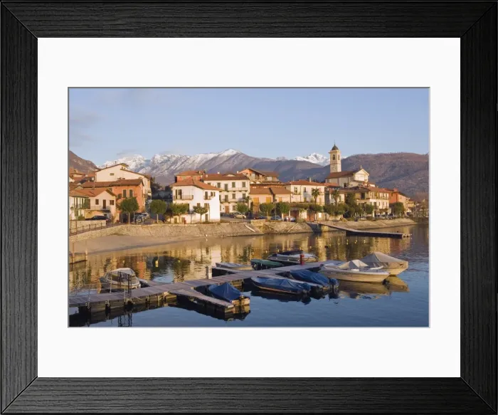 Framed Print : Boats and town houses on waterfront in Feriolo, Lake Maggiore, Italian Lakes Framed Print : Boats and town houses on waterfront in Feriolo, Lake Maggiore, Italian Lakes