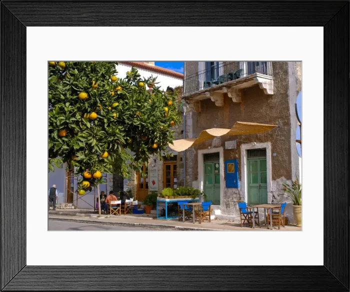 Framed Print : Orange tree in a little village in the Lakonian Mani, Peloponnese, Greece, Europe Framed Print : Orange tree in a little village in the Lakonian Mani, Peloponnese, Greece, Europe