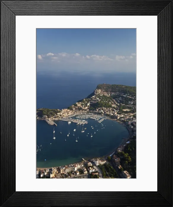 Framed Print : Aerial view of Soller harbour harbour and northern coastline of Majorca in early morning in summer Framed Print : Aerial view of Soller harbour harbour and northern coastline of Majorca in early morning in summer