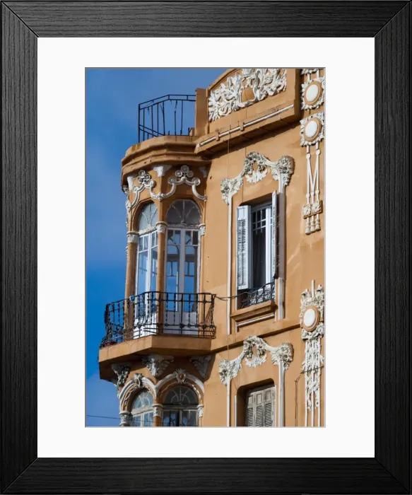 Framed Print : Windowed balconies, modernist (Art Deco) building on Plaza de Espana, Melilla
