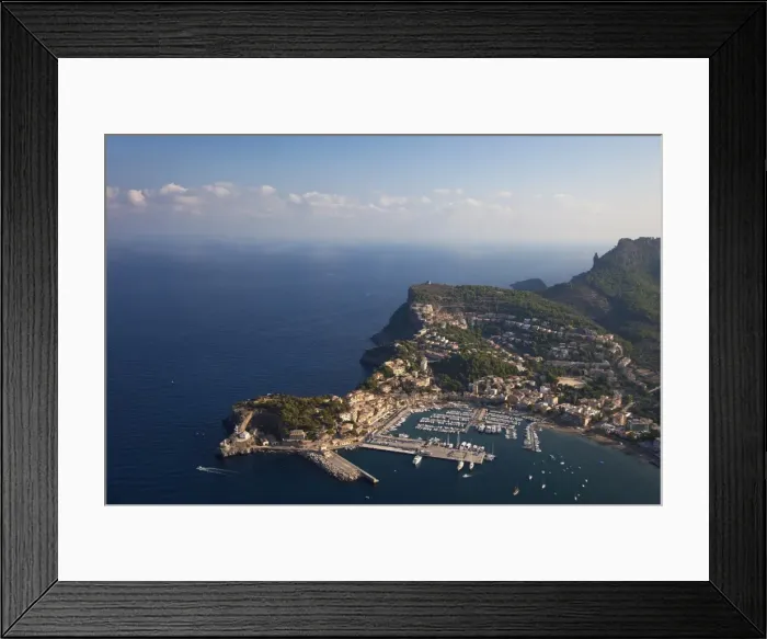 Framed Print : Aerial view of Soller harbour and northern coastline of Majorca in early morning in summer Framed Print : Aerial view of Soller harbour and northern coastline of Majorca in early morning in summer