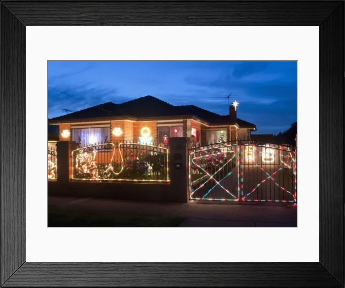 Framed Print : Christmas decoration of Melbourne suburban house at twilight, Altona suburb Framed Print : Christmas decoration of Melbourne suburban house at twilight, Altona suburb