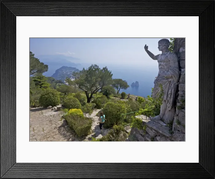 Framed Print : Statue and gardens in early morning summer sunshine, Monte Solaro, Isle of Capri Framed Print : Statue and gardens in early morning summer sunshine, Monte Solaro, Isle of Capri
