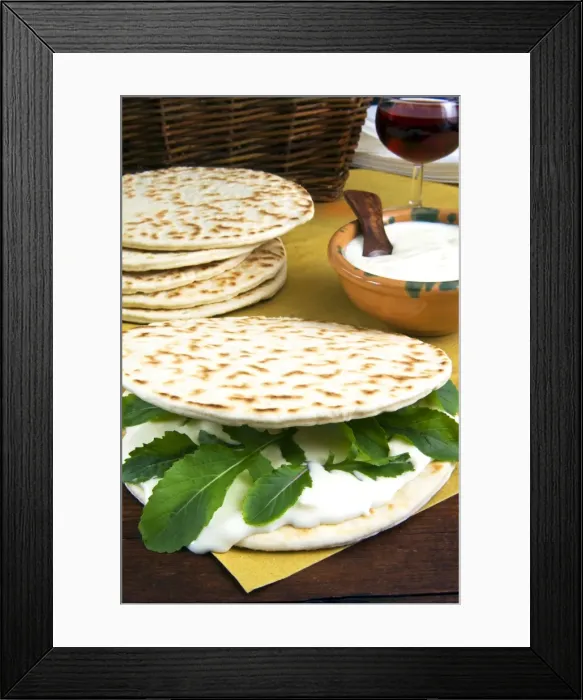 Framed Print : Piadina flat bread with rucola (rocket) and stracchino cheese, typical Emilia Romagna food Framed Print : Piadina flat bread with rucola (rocket) and stracchino cheese, typical Emilia Romagna food