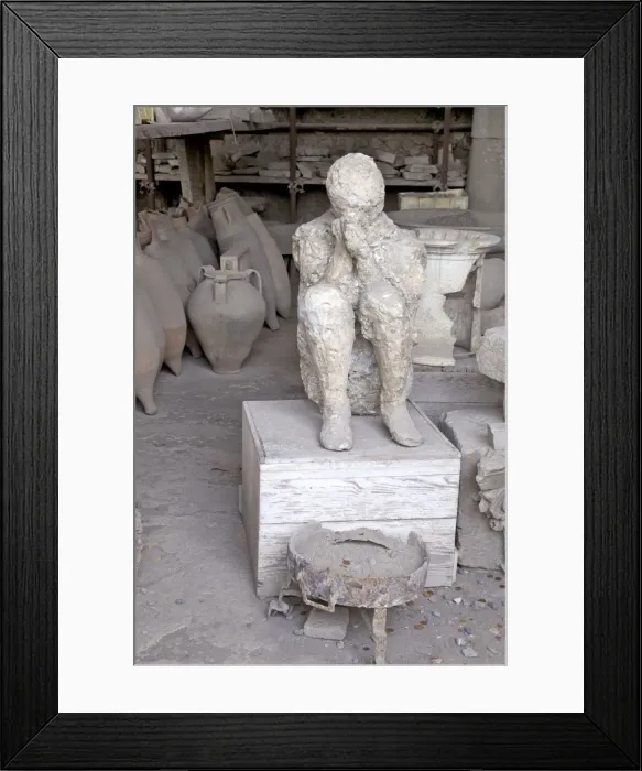 Framed Print : Horrea or Granai del Foro housing archaeological relics including plaster cast of victim of Vesuvius eruption, Pompeii, Campania