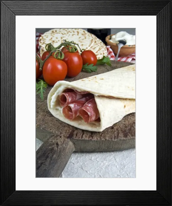 Framed Print : Piadina flat bread with salami and stracchino cheese, typical Emilia Romagna food Framed Print : Piadina flat bread with salami and stracchino cheese, typical Emilia Romagna food