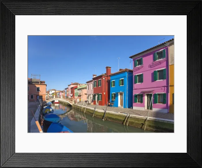 Framed Print : Brightly coloured houses along canal in Burano town, Venice Lagoon Island Framed Print : Brightly coloured houses along canal in Burano town, Venice Lagoon Island