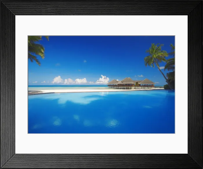 Framed Print : Swimming pool, palms and beach huts, Maldives, Indian Ocean, Asia Framed Print : Swimming pool, palms and beach huts, Maldives, Indian Ocean, Asia