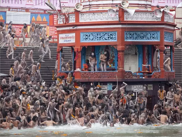 Sadhus at a royal bath (Sahi Snan) during Kumbh Mela in Haridwar, Uttar Pradesh